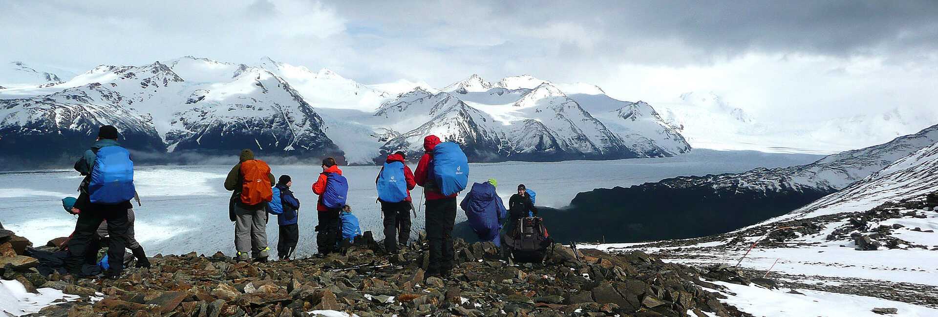 Trekking group, view to the Grey Glacier from John Gardner Pass